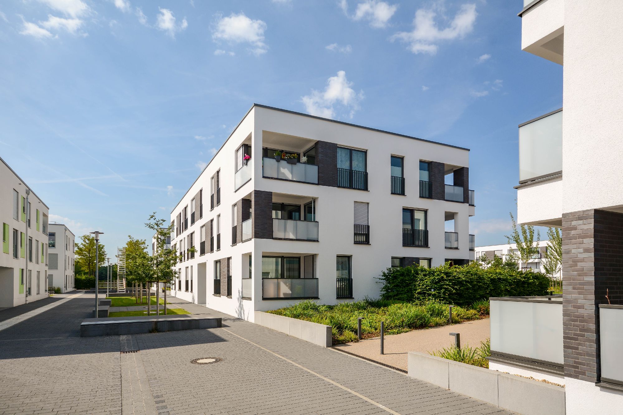 Green walkways and public space between high quality accommodation.