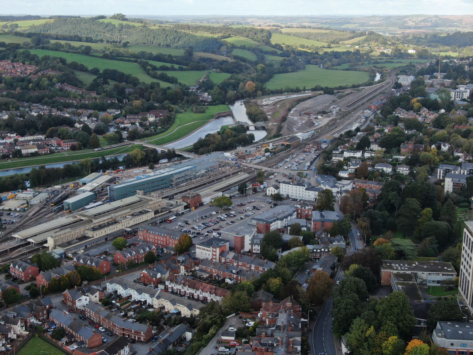 An aerial drone view of St Davids Station in Exeter, Devon, England, UK