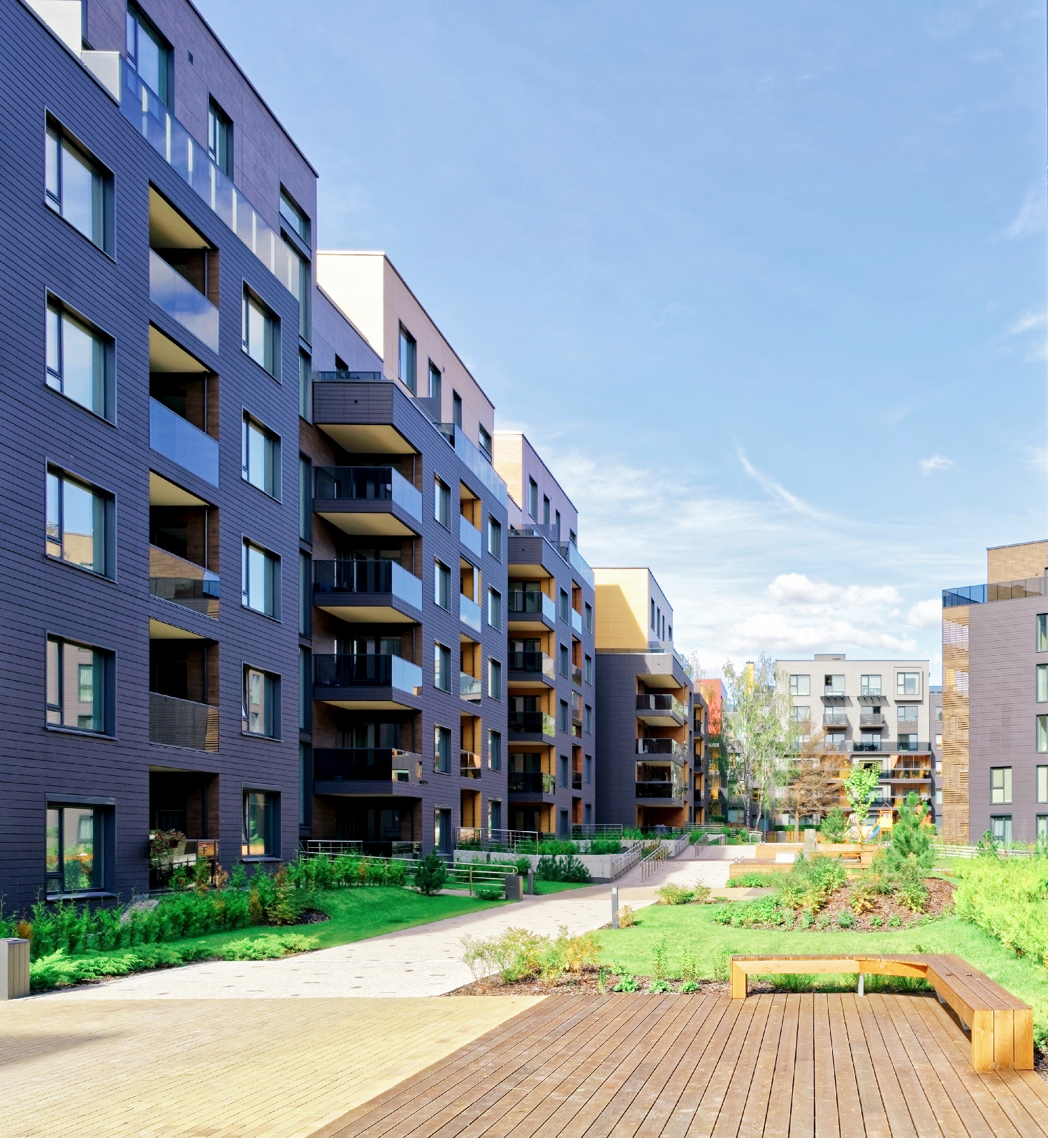 Benches and green space at Modern accomodation complex