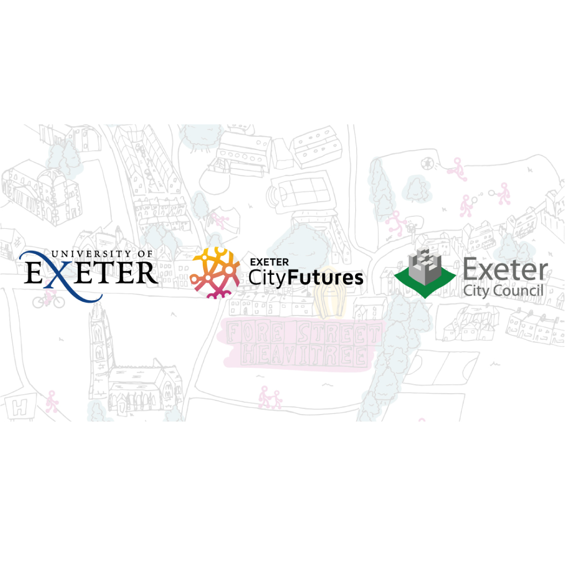 Illustration of Heavitree, Exeter with logos of the University of Exeter, Exeter City Futures and Exeter City Council